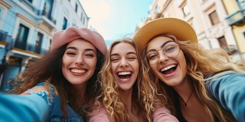 Three joyful female friends on holiday capturing self portraits in urban surroundings grinning at...