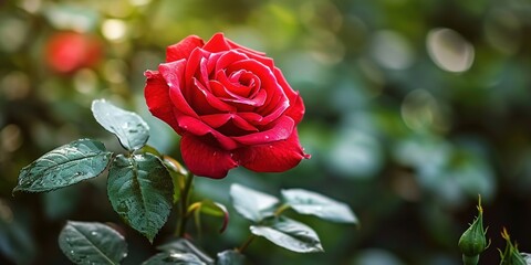 The beautiful red rose with its vibrant color stands out among the green leaves garden, creating a stunning floral pattern, natural background, a true embodiment of the beauty of spring, Generative AI