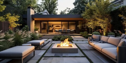 An elegant, roomy outdoor area with chic seating and a fire pit, Generative AI