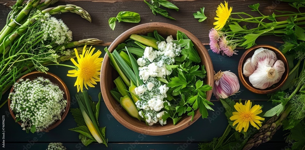 Wall mural healthy ingredients for spring detox. dandelion, asparagus, wild garlic, flowers, nettle, and cream  - Wall murals