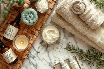 Fototapeta na wymiar Beauty and skincare flat lay featuring natural products, a lit candle, rolled towels, and bath salts on a bamboo mat and marble background.