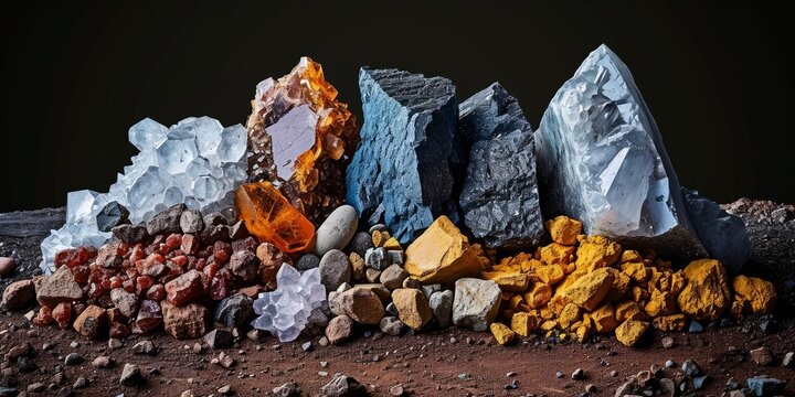 Cluster of rare minerals extracted from an earth mine, Generative AI