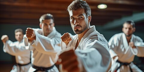Men engaging in karate training at fitness studio, practicing fight club workout at gym and studying dojo moves as exercise at sports center.Physically active individuals display strength,GenerativeAI - Powered by Adobe