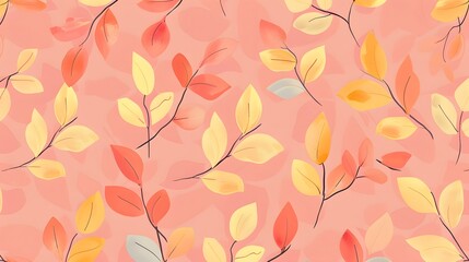 Vibrant Autumn Leaves Pattern: Yellow, Orange, and Red Foliage on Soft Pink Background
