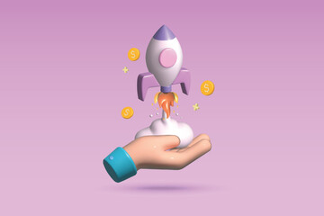 3d hand holding rocket and coin icon vector illustration design. Startup concept on purple background.