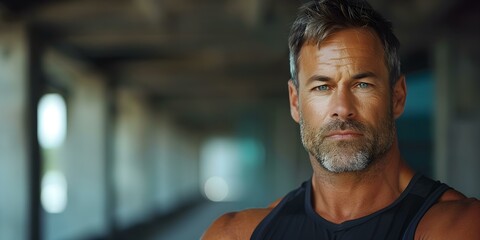 Fototapeta premium Middle-aged man in athletic wear ready for an urban run. Concept Active Lifestyle, Fitness Motivation, Urban Running, Athletic Fashion, Middle-Aged Man
