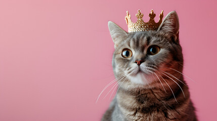 Beautiful British cat with a crown on its head isolated on a pink background. with copy space.. generative ai 