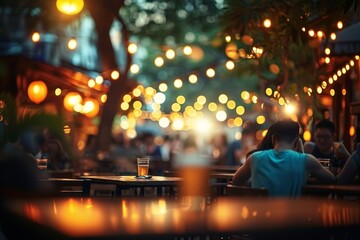 Bokeh background Street Bar beer restaurant, outdoor in asia, People sit chill out and hang out...