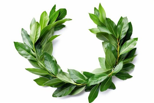 An isolated laurel wreath created from fresh branches of bay leaves, displayed on a white background and equipped with a clipping path, Generative AI