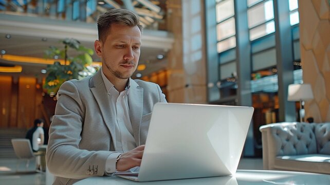 A picture of a businessman in the company lobby using a laptop.