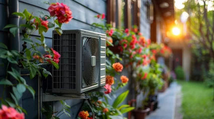 Foto op Plexiglas Air source heat pump installed in residential building. Sustainable and clean energy at home  © Алексей Василюк