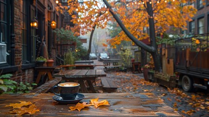 a cup of coffee on a cafe table street view autumn trees and leaves 