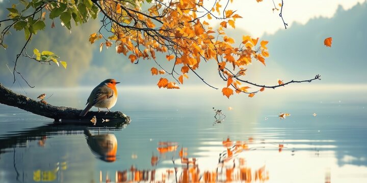 A curious bird sat on a leafy tree, viewing a peaceful lake where its reflection shimmered, Generative AI