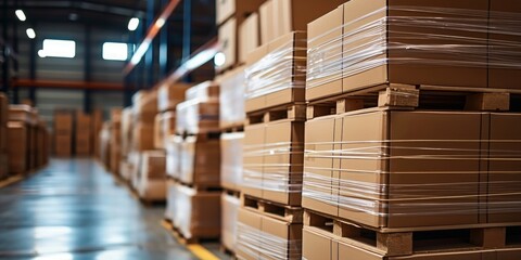 Package boxes with plastic film are stacked on pallets with L-shape cardboard angle protectors in a storage and shipping warehouse, Generative AI
