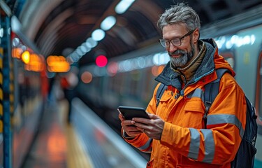 Smiling engineer inspecting and assessing a networked train route with a tablet before approving departure from a stop.