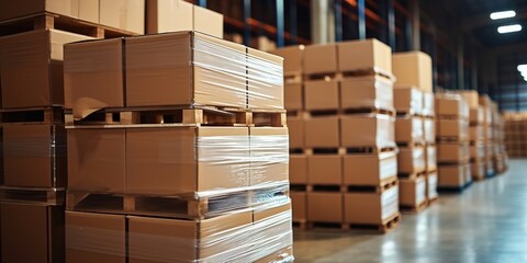 Package boxes with plastic film are stacked on pallets with L-shape cardboard angle protectors in a storage and shipping warehouse, Generative AI