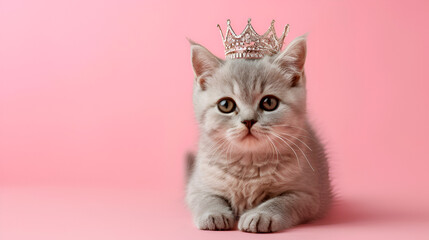 Beautiful British cat with a crown on its head isolated on a pink background. with copy space.. generative ai 