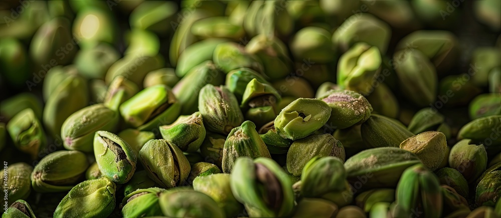 Poster a close-up view of a stack of pistachio sprouts piled on top of each other, showcasing their unique 