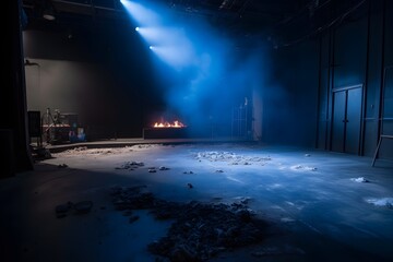 a dark blue background in a studio, an empty stage, neon lights and bright spotlights