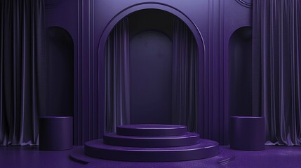 Cylinder podiums on purple background. Abstract pedestal scene with geometrical. Scene to show cosmetic products presentation