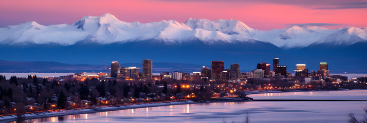 Anchorage Twilight: A Blend of Urban Lights with Alaska's Natural Splendor