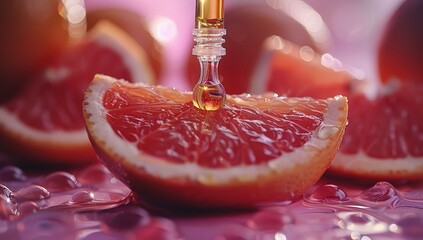 Dripping grapefruit essential oil from pipette into bottle and fresh fruit on table, closeup - obrazy, fototapety, plakaty
