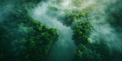Misty aerial view of a lush rainforest highlighting environmental conservation efforts. Concept Rainforest Conservation, Aerial Photography, Environmental Preservation