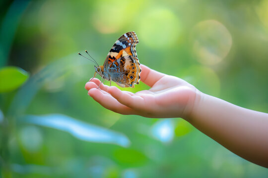 A Young Child's Hand Reaching Out To Touch A Butterfly