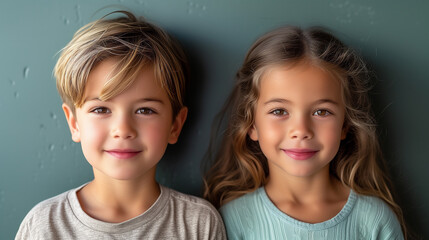 Young brother and sister with neutral smiles on dark neutral background. - obrazy, fototapety, plakaty