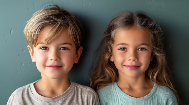Young brother and sister with neutral smiles on dark neutral background.