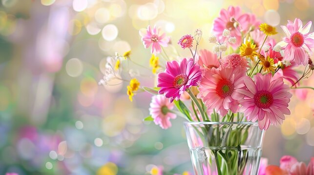 Beautiful spring flowers in a glass vase background of wedding party, generative ai