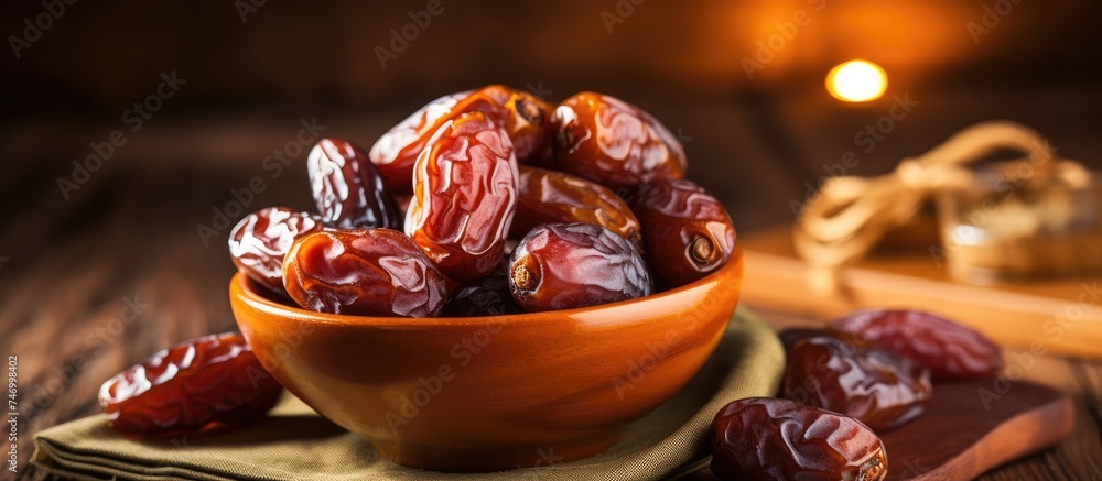 Poster a close-up view of a wooden bowl neatly arranged with dates fruit on top of a tables surface. the da