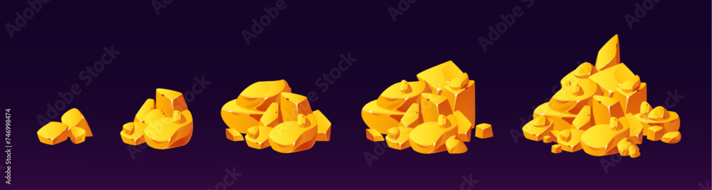 Wall mural gold mine nugget piles of different size - small and big stacks of golden raw gemstone. cartoon vect