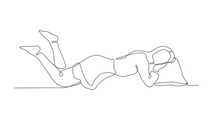 Continuous single line sketch drawing of woman sleeping on pillow bed one line lifestyle vector illustration