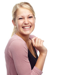 Woman, portrait and laughing for fun in studio, funny joke and happiness on white background....