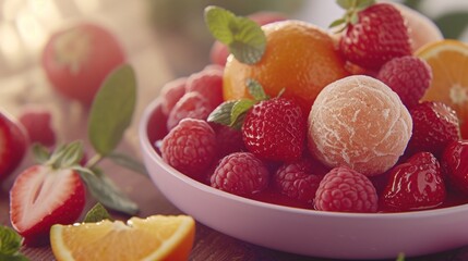 a bowl of oranges, raspberries, and strawberries on a table with orange slices and leaves.