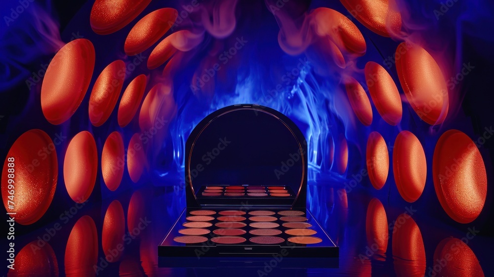 Poster a close up of a makeup palette in front of a blue and red background with red and orange circles on 