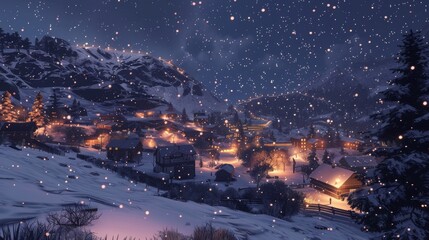 A magical evening with heavy snowfall over a warmly lit alpine village nestled in the mountains, evoking a cozy atmosphere.