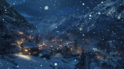 The quiet of a snowy night envelops a mountain village, with flurries of snowflakes dancing under the soft glow of house lights.