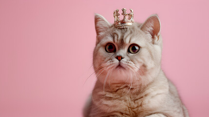Beautiful British cat with a crown on its head isolated on a pink background. with copy space.. generative ai  - obrazy, fototapety, plakaty