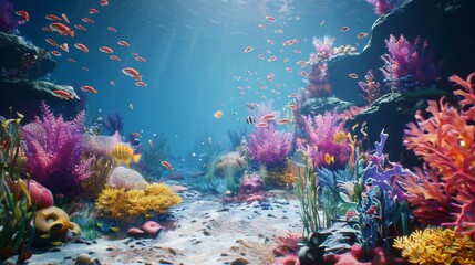 Fototapeta na wymiar A vivid underwater scene showcasing a variety of colorful coral formations and schools of tropical fish under the ocean's shimmering surface.