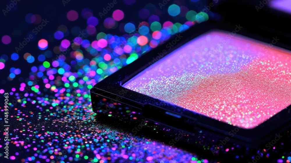Poster a close up of a powdered eye shadow on a black surface with multicolored lights in the background.