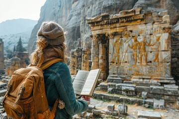 Fototapeta premium Traveler with a backpack reading about ancient ruins during a cultural excursion.