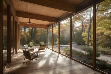 With a contemporary screen porch and patio furniture, and summery woodlands in the distance - obrazy, fototapety, plakaty
