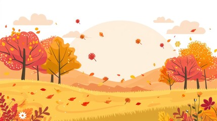 an autumn landscape with trees and leaves blowing in the wind and a sun in the background with clouds in the sky.