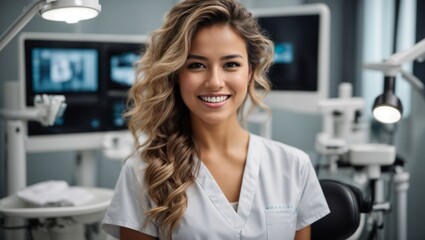 Young female dentist is smiling confidently pointing to own broad smile with dentist equipment