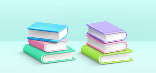 Paper books in stack. Realistic 3d vector illustration set of piles of textbooks with colorful hardcover, white pages for school education and reading concept. Tower of close literature.