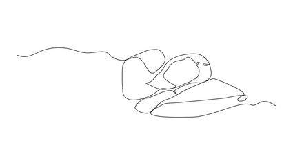 Continuous single line sketch drawing of woman sleeping on pillow bed one line lifestyle vector illustration