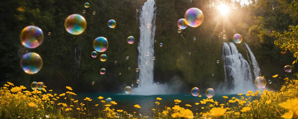 Soap bubbles floating in the air with waterfall background, reflecting the sky and clouds