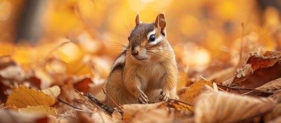 An Eastern chipmunk, a type of rodent and terrestrial animal, is perched on a pile of leaves in the Organ Mountains. With its fawn-colored fur, chipmunk features a snout, whiskers, and a bushy tail. - obrazy, fototapety, plakaty